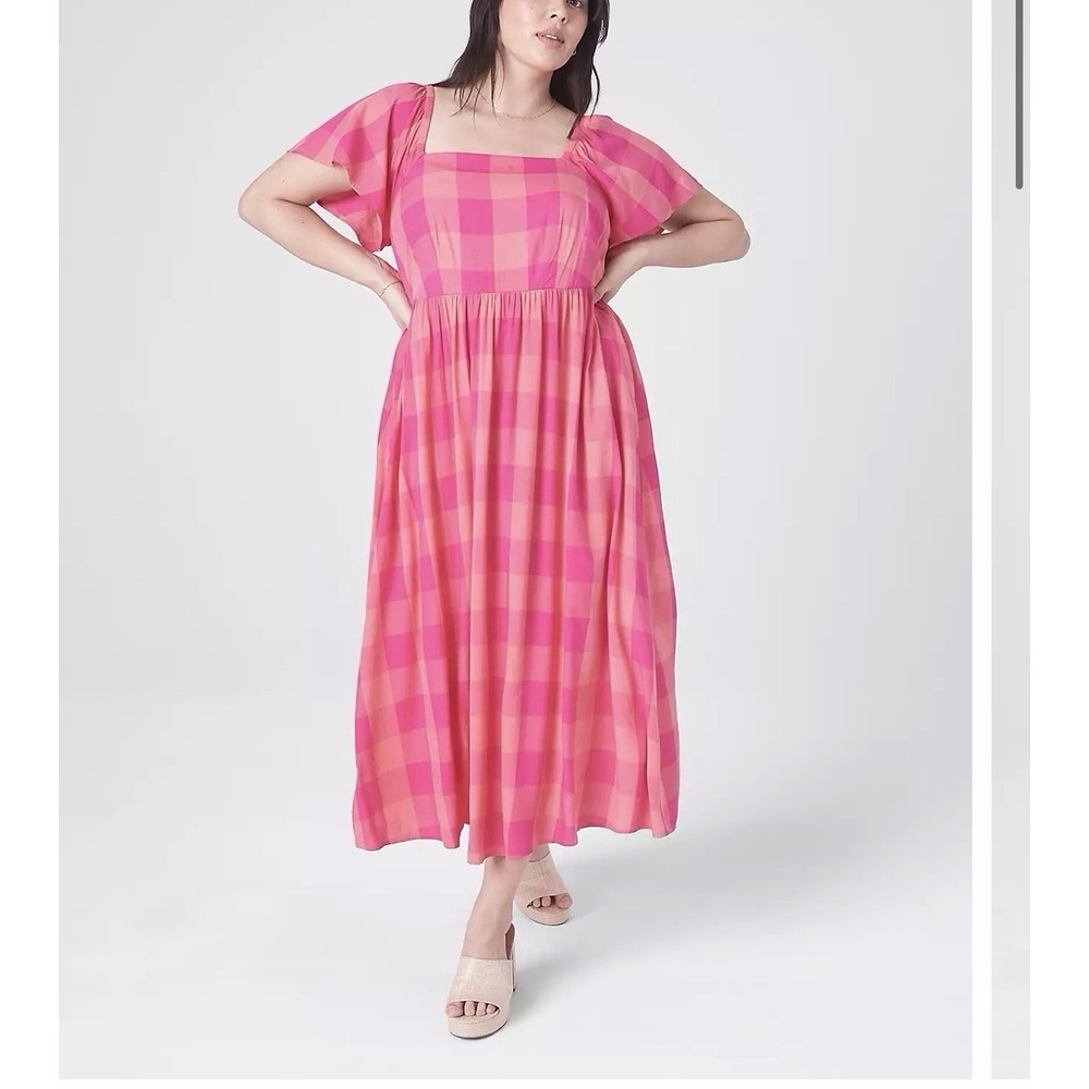 Lane Bryant Maxi Dress Size 24 Pink Gingham Flutter Sleeve Tie Back Dress NWT